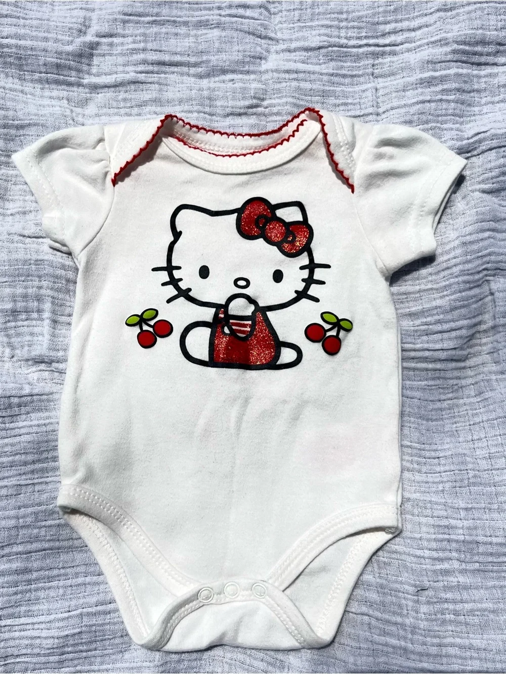 Hello Kitty White Infant onesie with Red Glitter Bow and Cherries